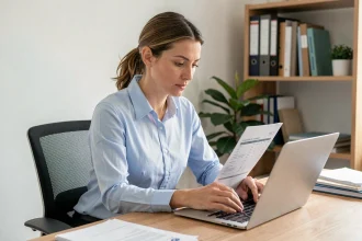 Femme comptable vérifiant une facture simplifie-ta-compta.fr sur ordinateur portable pour éviter les erreurs de TVA