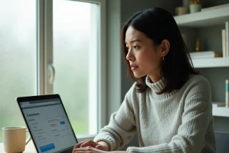 Femme consultant l'espace client Orange sur un ordinateur portable pour activer les notifications