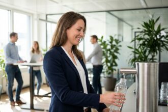 Employée remplissant sa gourde à la fontaine à eau en entreprise dans un espace de pause moderne