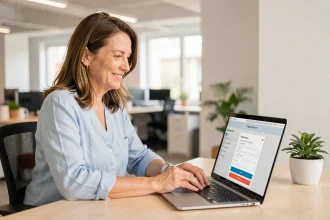 Une femme souriante prend rendez-vous en ligne sur un ordinateur portable dans un bureau moderne, illustrant la confiance dans la prise de rendez-vous digitale