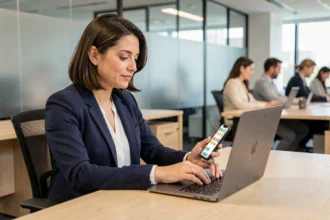 Femme professionnelle rédigeant un message de prospection LinkedIn avec des émojis sur son ordinateur portable dans un bureau moderne