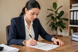 Femme remplissant un formulaire de rupture de contrat d'apprentissage à son bureau
