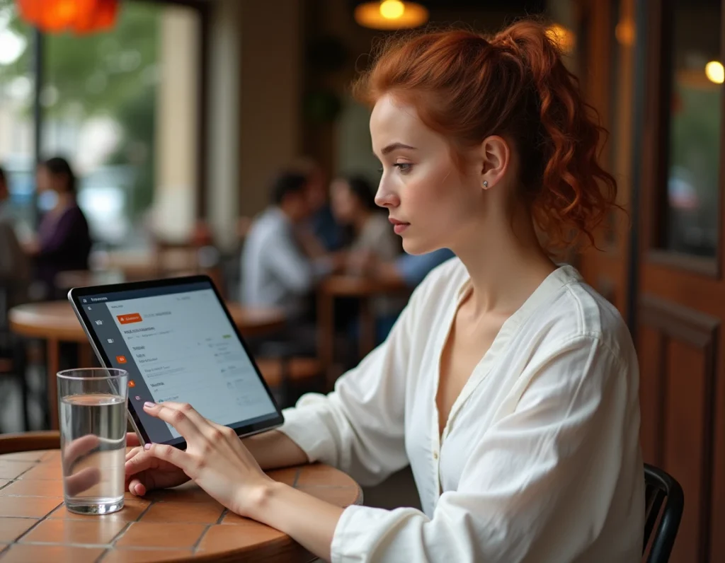 Jeune femme gérant les alertes de son espace client Orange sur une tablette dans un café