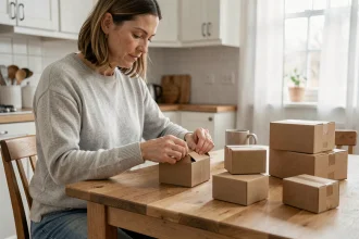 Femme travaillant à domicile en emballant des boîtes en carton sur une table de cuisine, illustration du travail d'emballage à domicile
