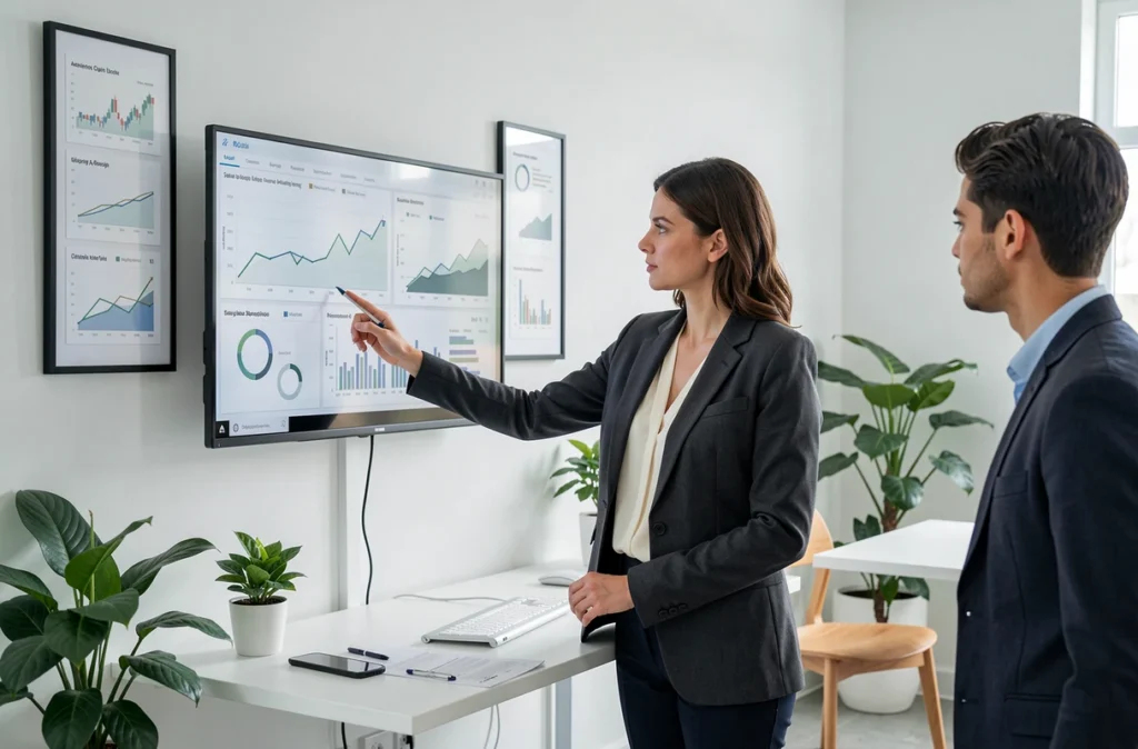 Comptable professionnelle de Fiducial Expertise Clermont-Ferrand présentant des données financières sur un écran mural dans un bureau moderne