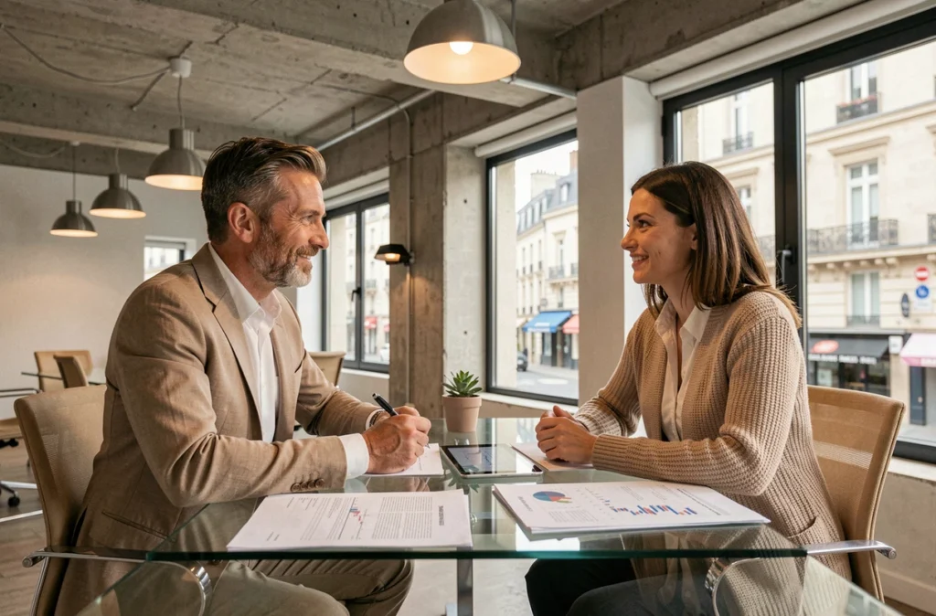 Deux experts-comptables de Fiteco Clermont-Ferrand en réunion avec un client autour d'une table en verre dans un espace de travail contemporain
