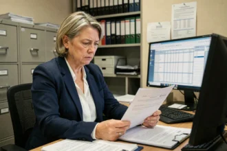 Fonctionnaire française en blazer marine examinant des documents administratifs officiels dans un bureau de la fonction publique