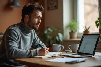 Freelance indépendant prenant des notes et comparant ses options de mission depuis son bureau à domicile