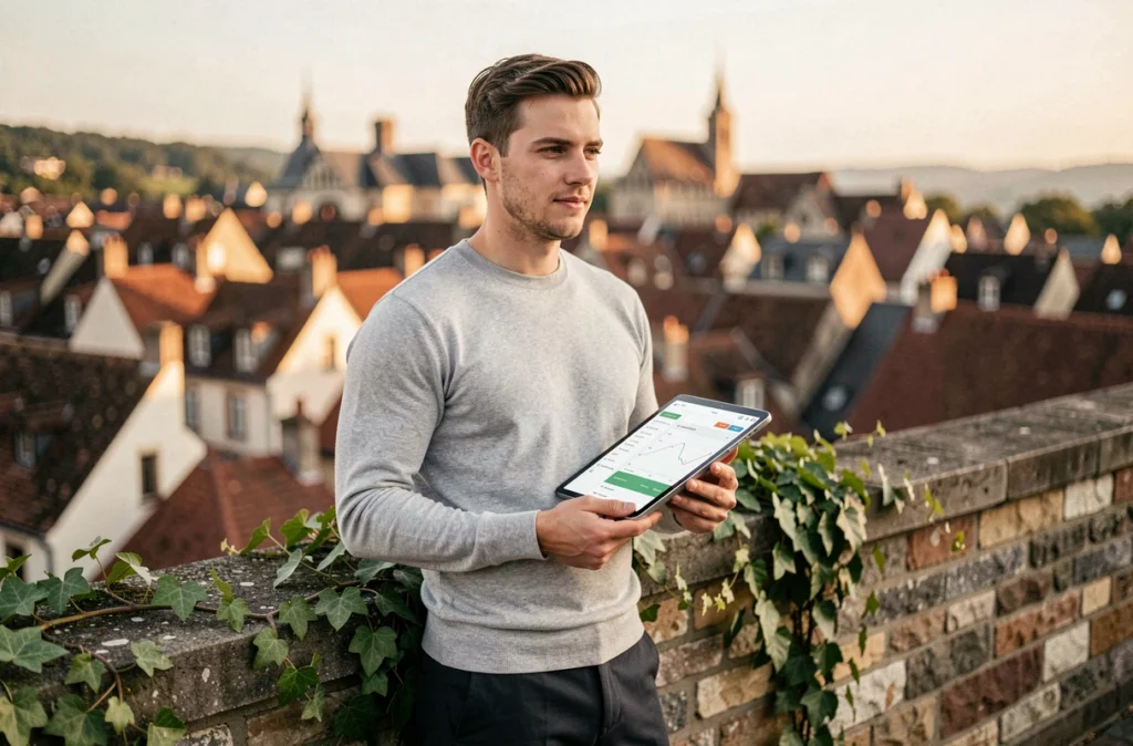 Gabriel Montaut, consultant SEO, debout sur une terrasse avec vue sur les toits d'une ville bourguignonne, tenant une tablette affichant un tableau de bord SEO