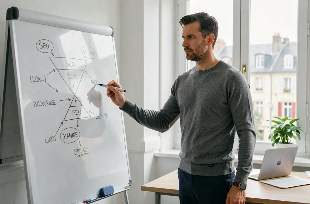 Ghislain Riondet, consultant SEO, debout devant un tableau blanc présentant un schéma de stratégie de référencement dans un bureau provincial français