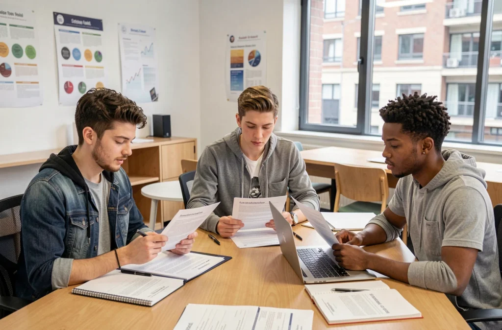 Groupe d'apprentis étudiant des documents juridiques liés au contrat d'apprentissage dans un centre de formation