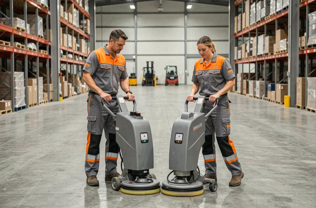 Équipe Groupe Labrenne utilisant des machines de nettoyage industriel dans un entrepôt en Île-de-France