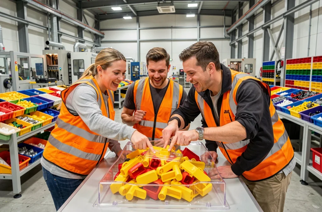 Groupe d'adultes en visite guidée découvrant le processus de fabrication des pièces Playmobil en usine
