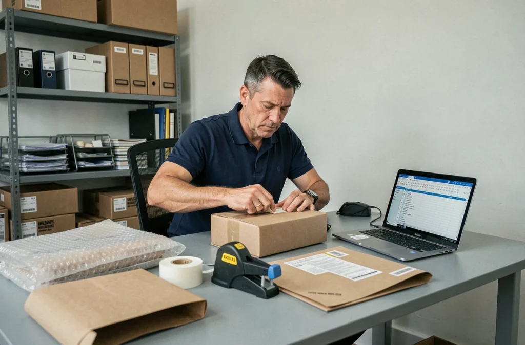 Homme gérant une activité d'emballage à domicile depuis son bureau avec fournitures d'expédition et ordinateur portable