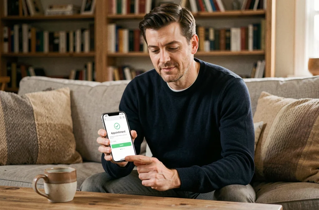 Un homme consulte une confirmation de rendez-vous en ligne sur son smartphone depuis son salon, symbolisant la simplicité et la réassurance de la réservation digitale