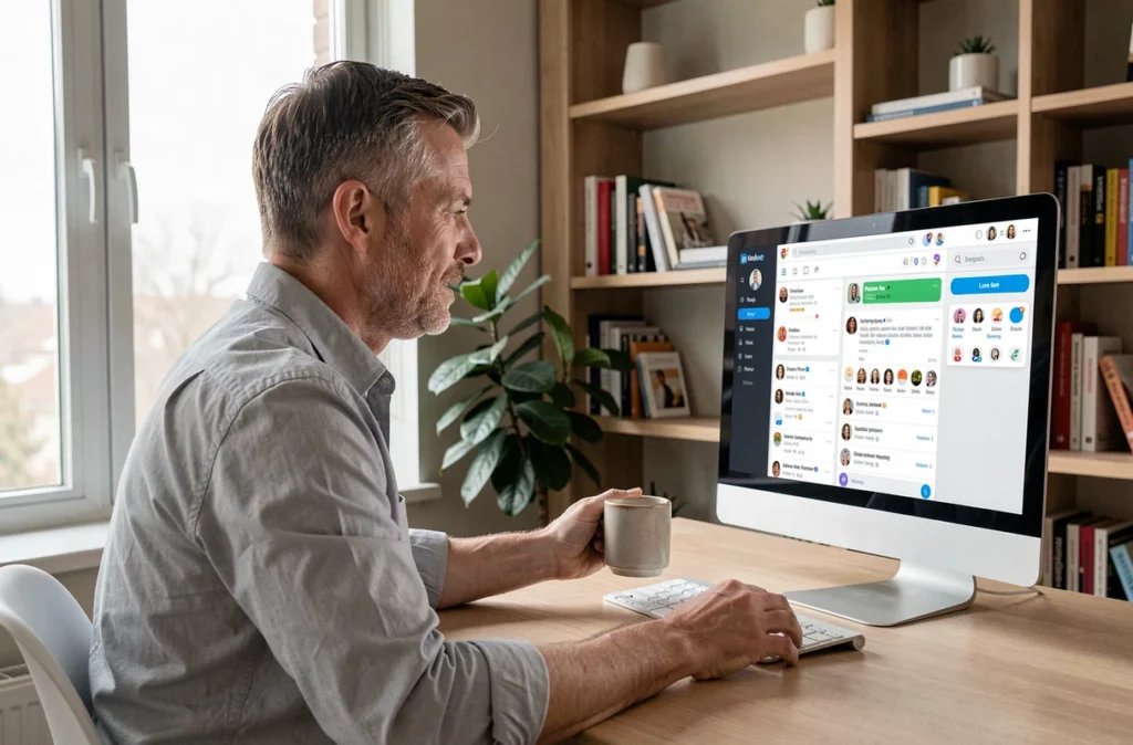 Homme en télétravail consultant ses messages LinkedIn avec des émojis ouverts sur un écran d'ordinateur dans un bureau à domicile épuré