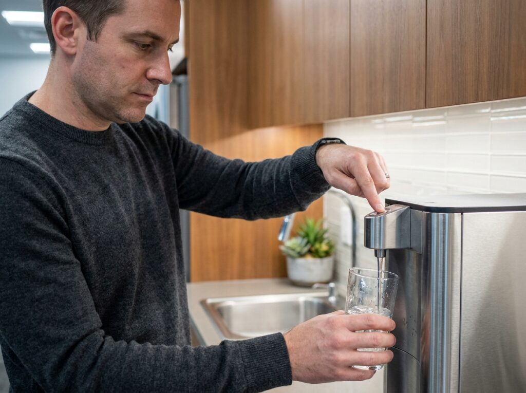 Homme se servant un verre d'eau à la fontaine à eau de bureau installée dans la kitchenette de l'entreprise