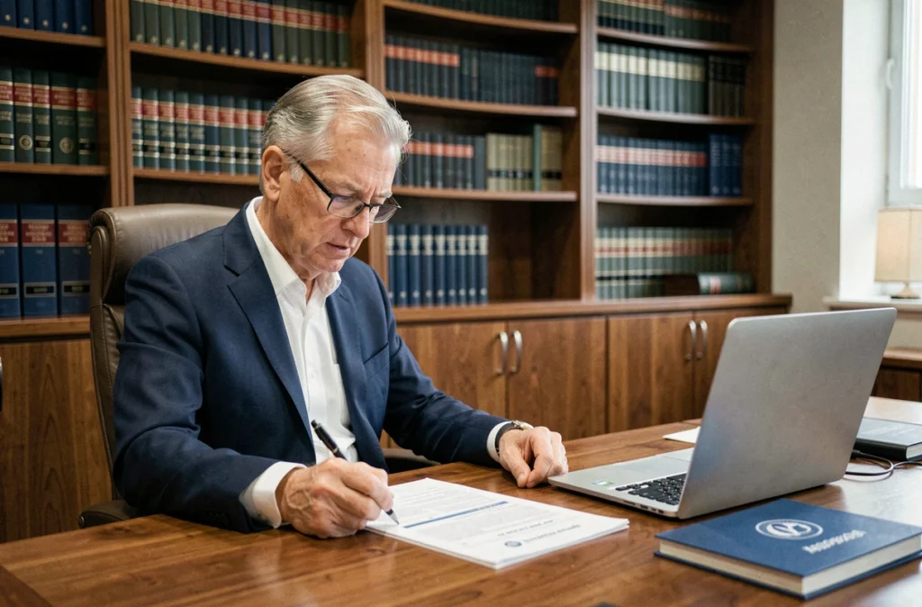 Expert-comptable senior d'In Extenso Auvergne Rhône-Alpes à Clermont-Ferrand examinant un rapport financier annuel dans un bureau professionnel