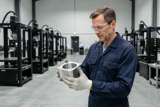 Ingénieur industriel examinant une pièce métallique fabriquée par impression 3D dans une usine moderne