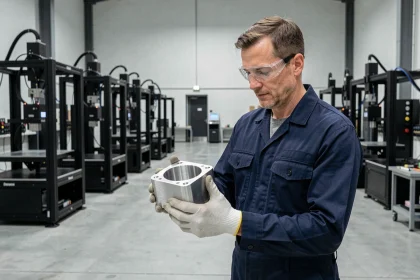 Ingénieur industriel examinant une pièce métallique fabriquée par impression 3D dans une usine moderne