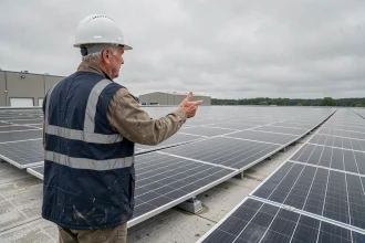 Ingénieur examinant une installation de panneaux solaires sur le toit d'une usine française