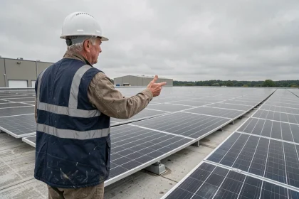 Ingénieur examinant une installation de panneaux solaires sur le toit d'une usine française