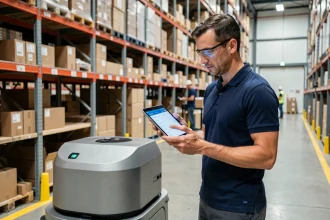 Ingénieur logistique supervisant un robot mobile autonome dans un entrepôt automatisé moderne