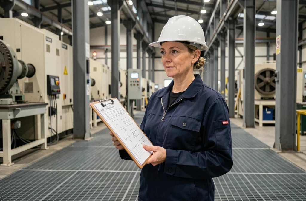 Ingénieure en usine tenant des documents de dépôt de brevet dans un environnement industriel manufacturier