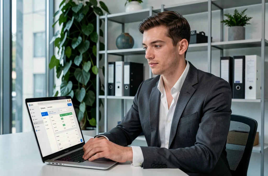 Jeune expert-comptable d'Inovexpert à Clermont-Ferrand utilisant une plateforme comptable cloud dans un bureau au design innovant avec un mur végétal