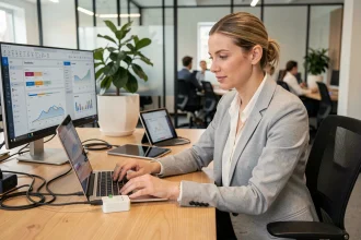 Femme professionnelle connectant un ordinateur portable à plusieurs outils existants dans un bureau moderne, illustrant l'intégration fluide de nouveaux logiciels