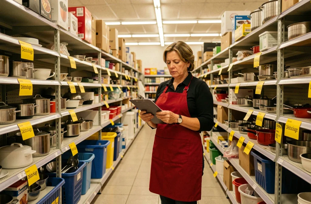 Employée de magasin discount lors d'un déstockage avec rayons à moitié vides et étiquettes de liquidation