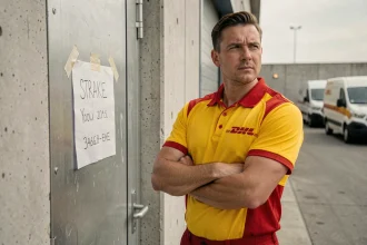 Livreur DHL en grève devant un entrepôt fermé avec un avis de grève affiché sur la porte