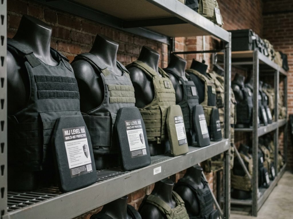 Rayons d'un magasin spécialisé présentant des gilets pare-balles civils et équipements de protection balistique