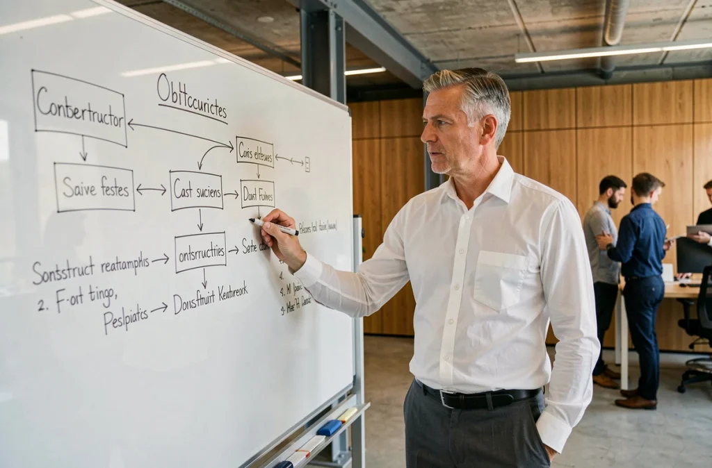 Manager d'entreprise schématisant les obligations légales liées aux sous-traitants sur un tableau blanc