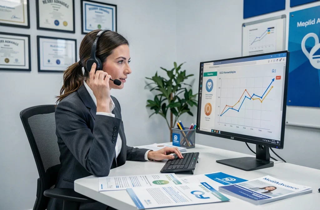 Bureau de MediAdvance avec une professionnelle gérant une stratégie SEO dans le secteur médical, entourée de documents de santé et d'analyses de référencement