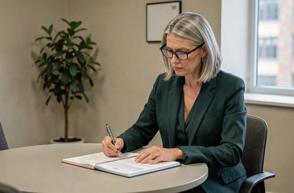 Médiatrice professionnelle en train d'analyser des documents d'accord commercial dans un bureau dédié à la médiation