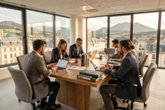 Vue d'ensemble d'un cabinet d'expertise comptable moderne dans le Puy-de-Dôme avec des professionnels collaborant autour d'une table de conférence