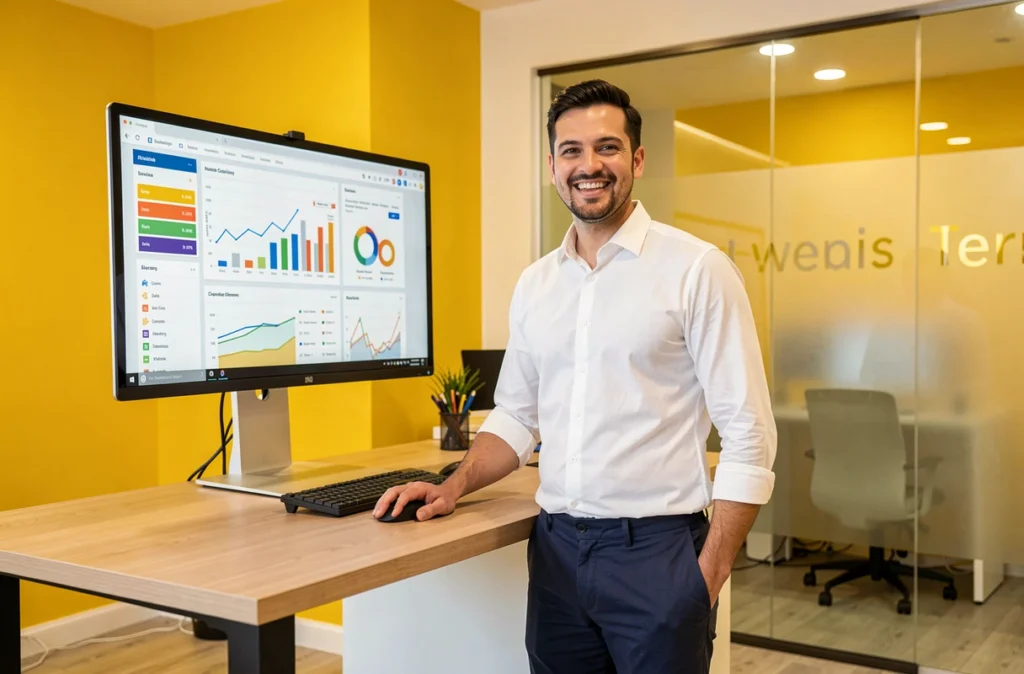 Comptable de MY Expertise Comptable à Clermont-Ferrand présentant des tableaux de bord financiers colorés dans un bureau moderne aux accents jaunes