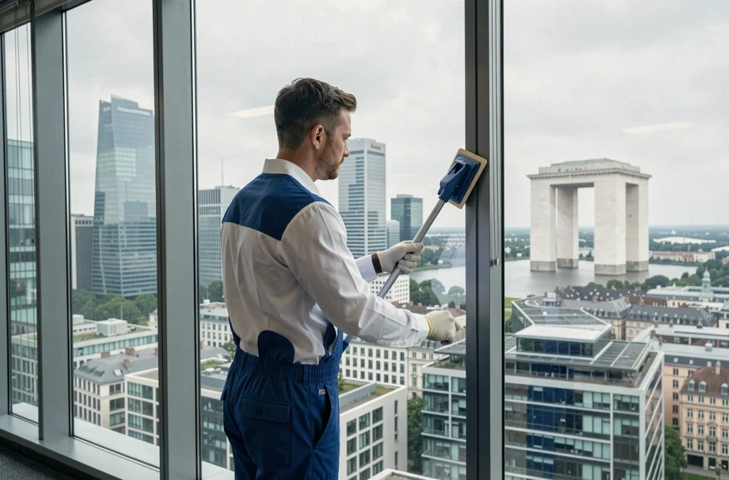 Agent Nova Clean nettoyant les vitres panoramiques d'un immeuble de bureaux à La Défense avec vue sur la Grande Arche