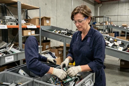 Ouvrière triant des composants électroniques recyclés dans une usine d'économie circulaire
