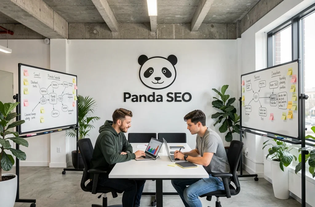 Espace de travail de l'agence Panda SEO avec deux professionnels collaborant sur une stratégie de référencement devant un tableau blanc