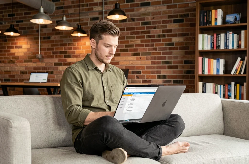 Paul Vengeons, consultant SEO, assis sur un canapé de bureau avec un ordinateur portable affichant un audit de contenu dans un espace de co-working