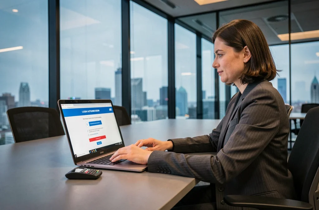Courtière en assurance se connectant à un portail sécurisé AXA avec authentification à deux facteurs dans une salle de réunion vitrée
