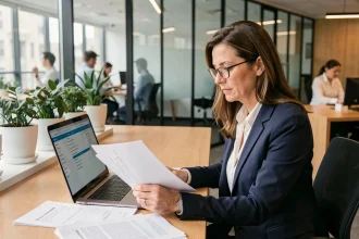 Responsable RH examinant une politique de confidentialité des données personnelles au bureau