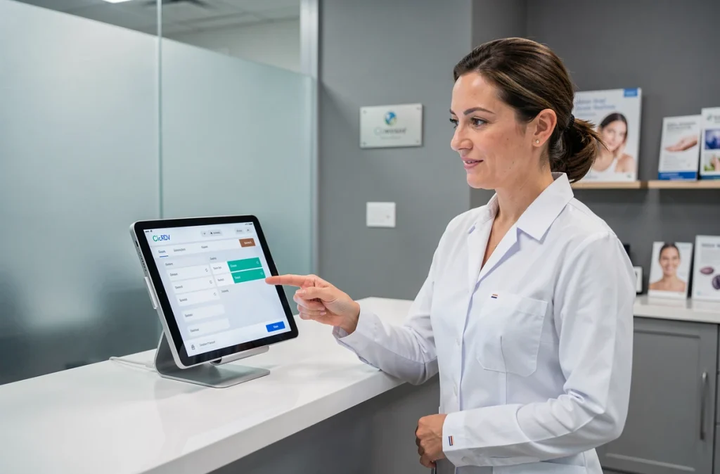 Une réceptionniste professionnelle présente un système de prise de rendez-vous en ligne sur tablette à l'accueil d'une clinique moderne, rassurant les clients sur l'utilisation du digital