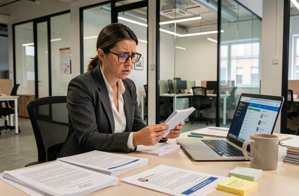 Responsable RH industrielle face à une pile de candidatures insuffisantes pour des postes qualifiés vacants