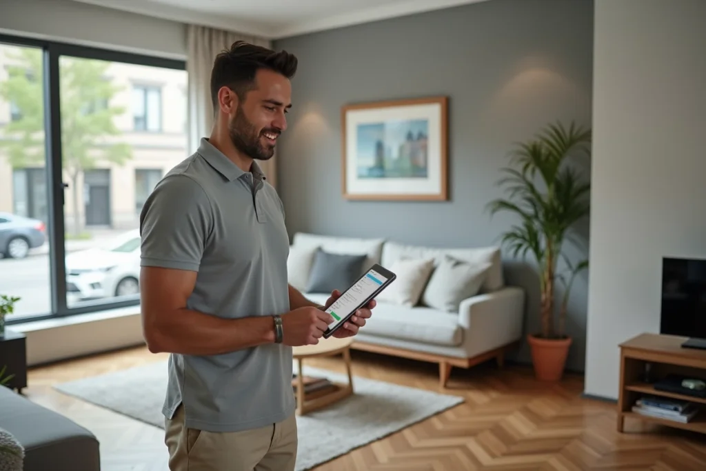 Responsable de conciergerie Airbnb inspectant un appartement en location courte durée avec une tablette de gestion des tâches