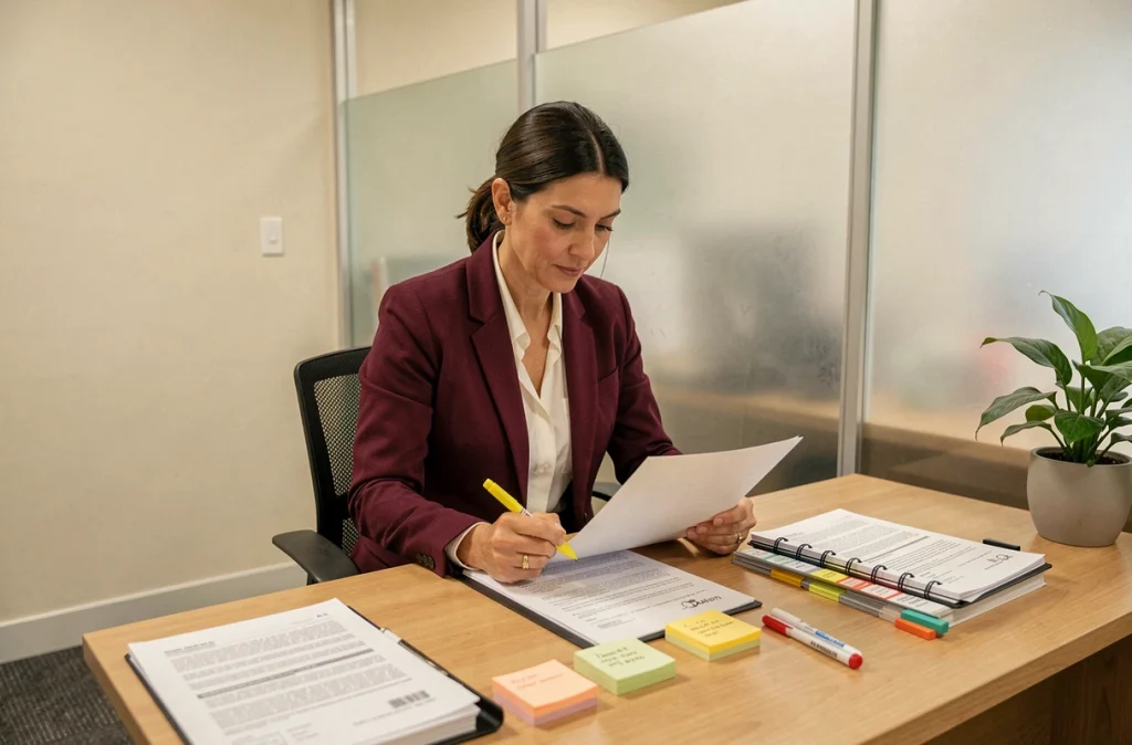Responsable conformité juridique analysant un accord de sous-traitance dans son bureau