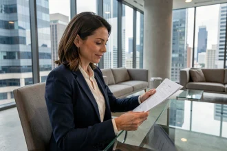 Responsable conformité bancaire examinant des documents réglementaires dans un bureau moderne avec vue sur la ville