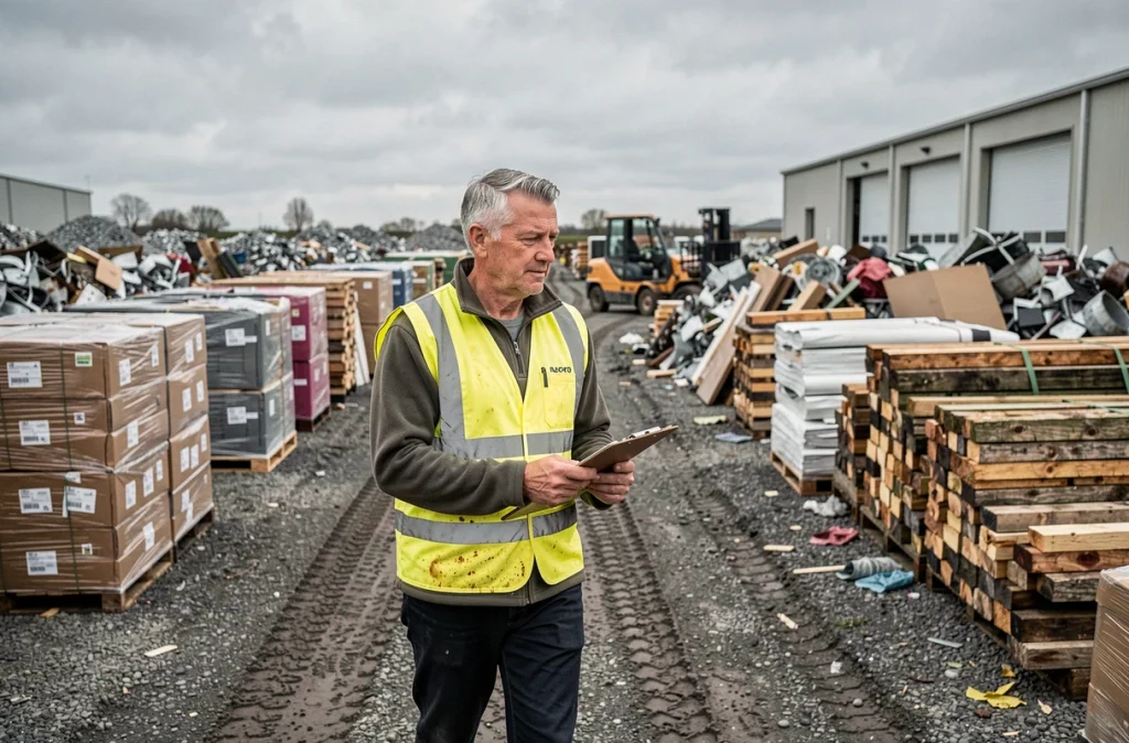 Responsable inspectant un centre de tri de matériaux recyclés dans un contexte d'économie circulaire industrielle
